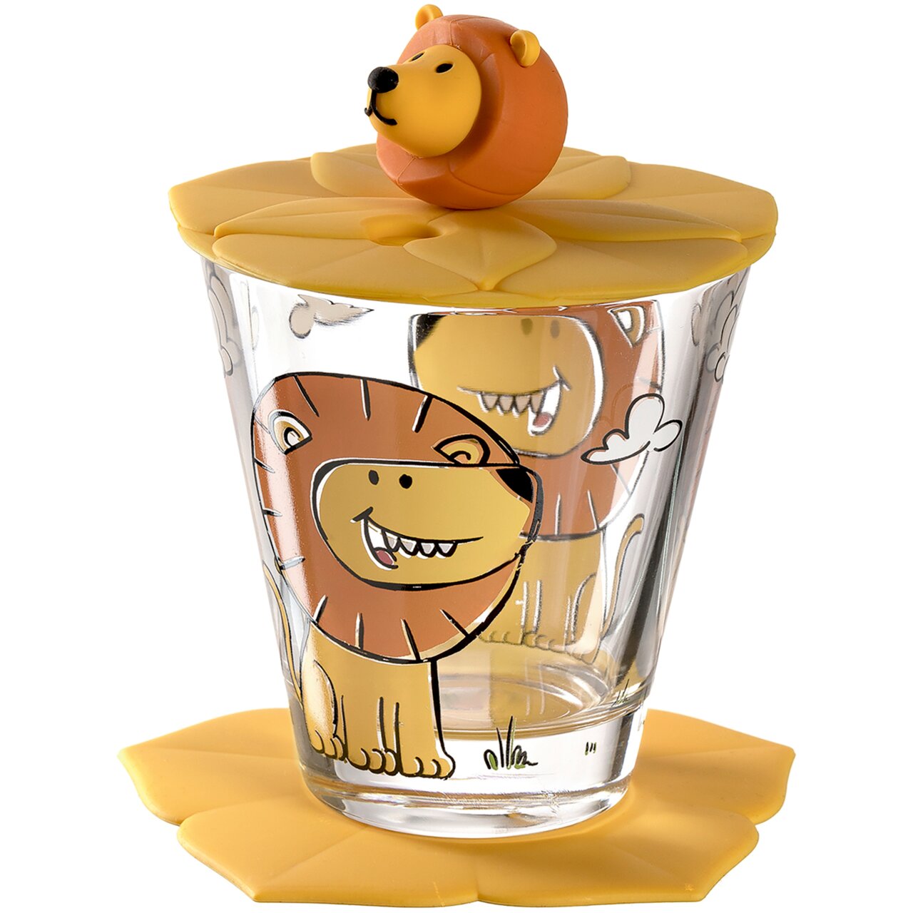 Kindertrinkset mit Löwenmotiv, bestehend aus einem Glas mit gelbem Deckel und Untersetzer, frontal abgebildet.