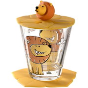 Kinderdrinkset met leeuwenmotief, bestaande uit een glas met een geel deksel en een onderzetter, hier vooraanzicht.