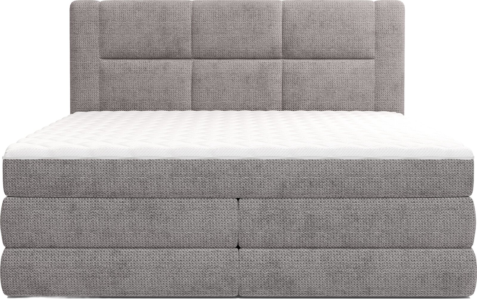 Grijs gestoffeerd boxspringbed met wit matras en gecapitonneerd hoofdbord, frontaal aanzicht