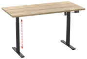Elektrisch höhenverstellbarer Schreibtisch mit heller Holzplatte und schwarzem Metallgestell, seitliche 3/4-Ansicht von vorn rechts, mit Pfeil zur Höhenverstellung und Bedienpanel.