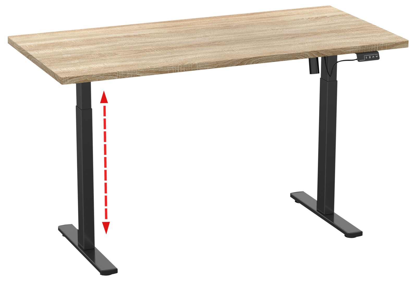 Elektrisch höhenverstellbarer Schreibtisch mit heller Holzplatte und schwarzem Metallgestell, seitliche 3/4-Ansicht von vorn rechts, mit Pfeil zur Höhenverstellung und Bedienpanel.