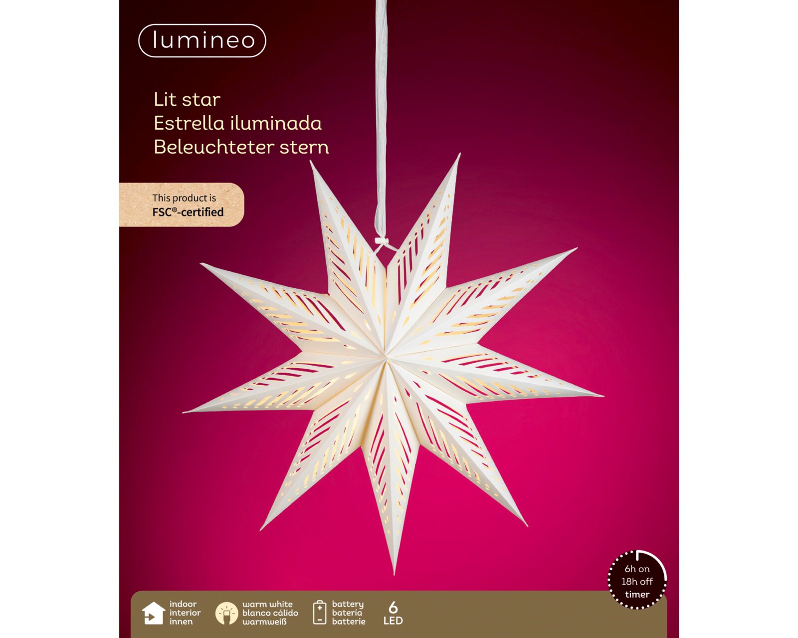 Frontalansicht eines weißen, filigran ausgestanzten Lumineo Papiersterns mit warmweißer Beleuchtung, 6 LEDs, Batteriebetrieb und 6-Stunden-Timer für den Innenbereich