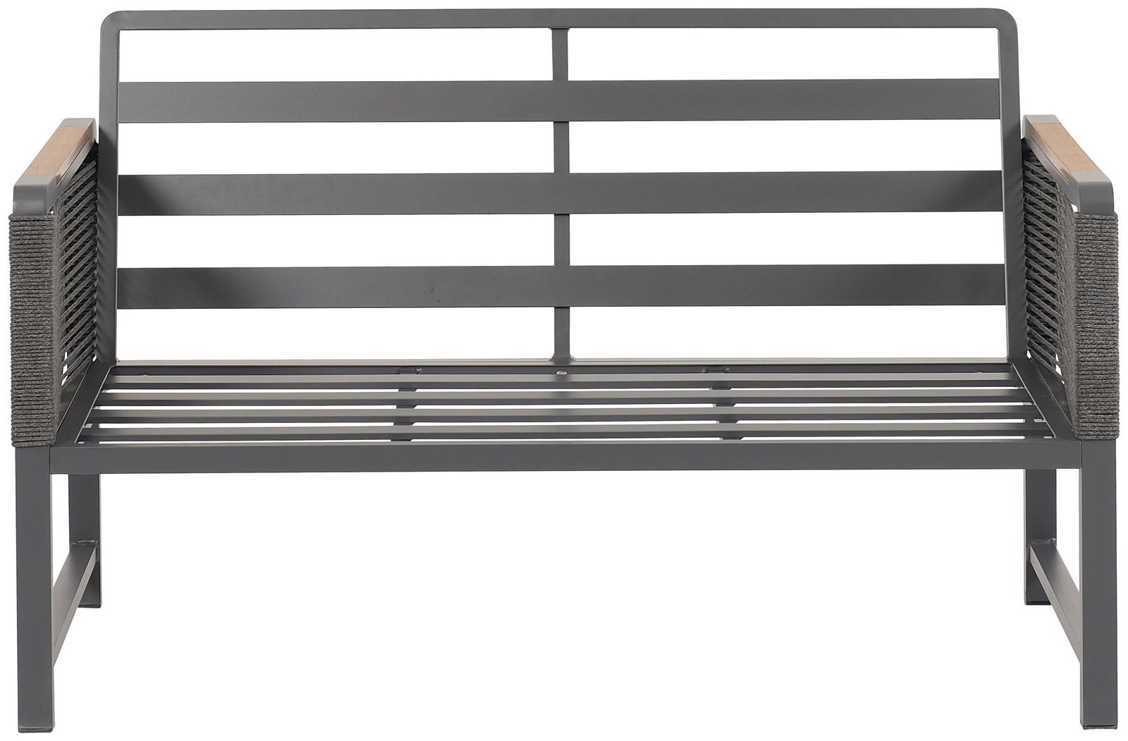 Zweisitzige Sitzbank aus Metall mit Armlehnen aus Holz und Seil, frontale Ansicht.