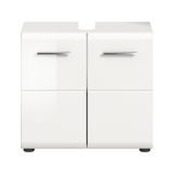 Moderner weißer Waschbeckenunterschrank mit zwei Türen und silbernen Griffen, Frontalansicht