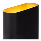 Nahaufnahme der Lucide Wandleuchte OVALIS in schwarzem Finish mit goldener Innenseite, seitliche Perspektive.