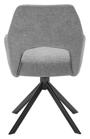 Rückansicht eines grauen Armlehnstuhls mit schwarzem Metallgestell