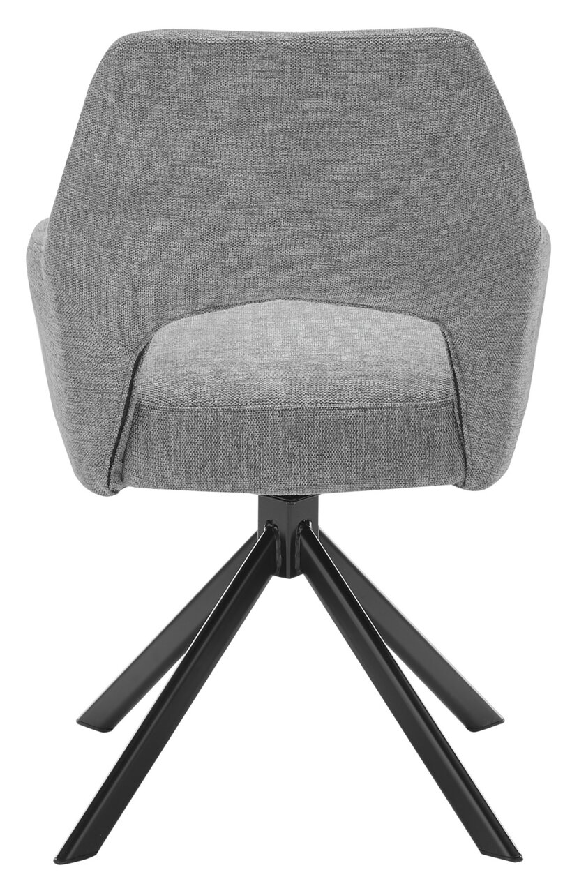 Rückansicht eines grauen Armlehnstuhls mit schwarzem Metallgestell