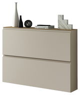 Moderner Hängeschuhschrank in Beige mit zwei Schubladen, dekoriert mit Vasen und Büchern, seitliche Perspektive.