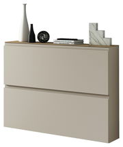 Moderner Hängeschuhschrank in Beige mit zwei Schubladen, dekoriert mit Vasen und Büchern, seitliche Perspektive.