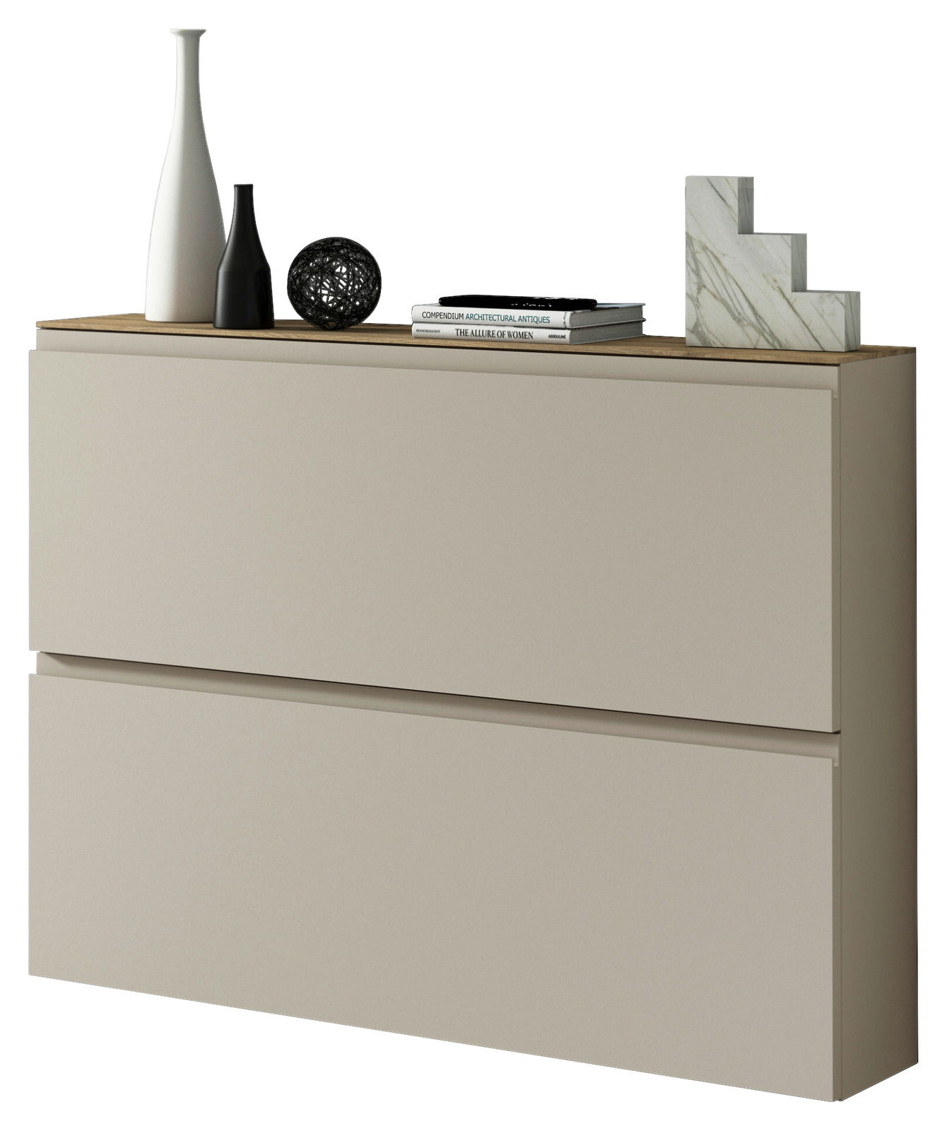 Moderner Hängeschuhschrank in Beige mit zwei Schubladen, dekoriert mit Vasen und Büchern, seitliche Perspektive.