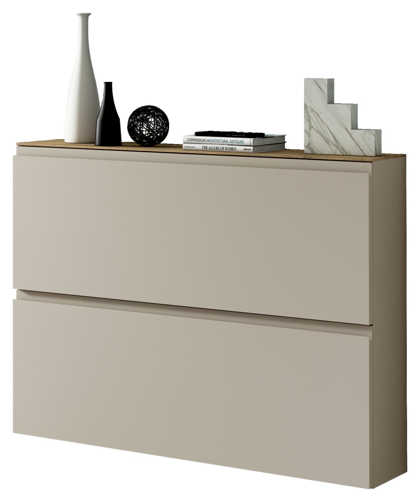 Moderner Hängeschuhschrank in Beige mit zwei Schubladen, dekoriert mit Vasen und Büchern, seitliche Perspektive.
