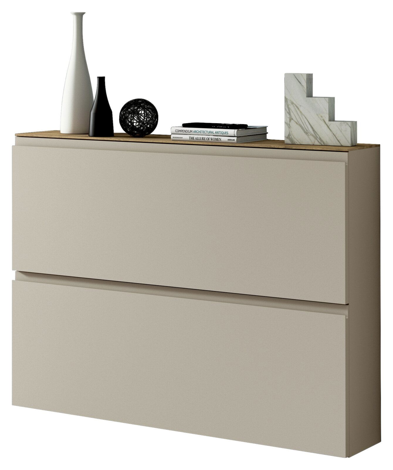 Moderner Hängeschuhschrank in Beige mit zwei Schubladen, dekoriert mit Vasen und Büchern, seitliche Perspektive.