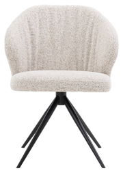 Frontansicht eines modernen Armlehnstuhls mit hellem Stoffbezug und schwarzen Metallbeinen.