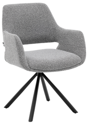 Grauer Armlehnstuhl mit modernem Design, gepolstertem Sitz und schwarzem Metallgestell, seitliche Perspektive