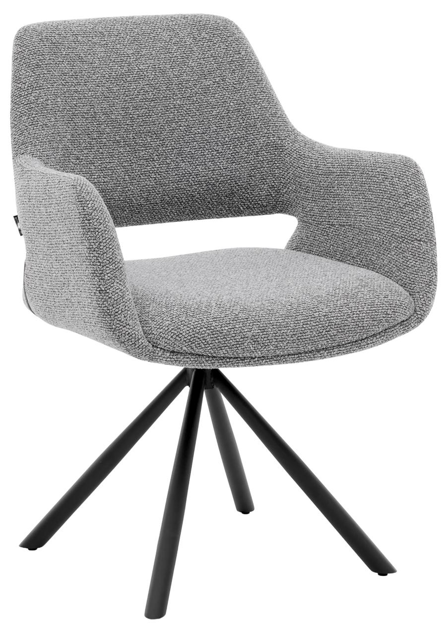 Grauer Armlehnstuhl mit modernem Design, gepolstertem Sitz und schwarzem Metallgestell, seitliche Perspektive