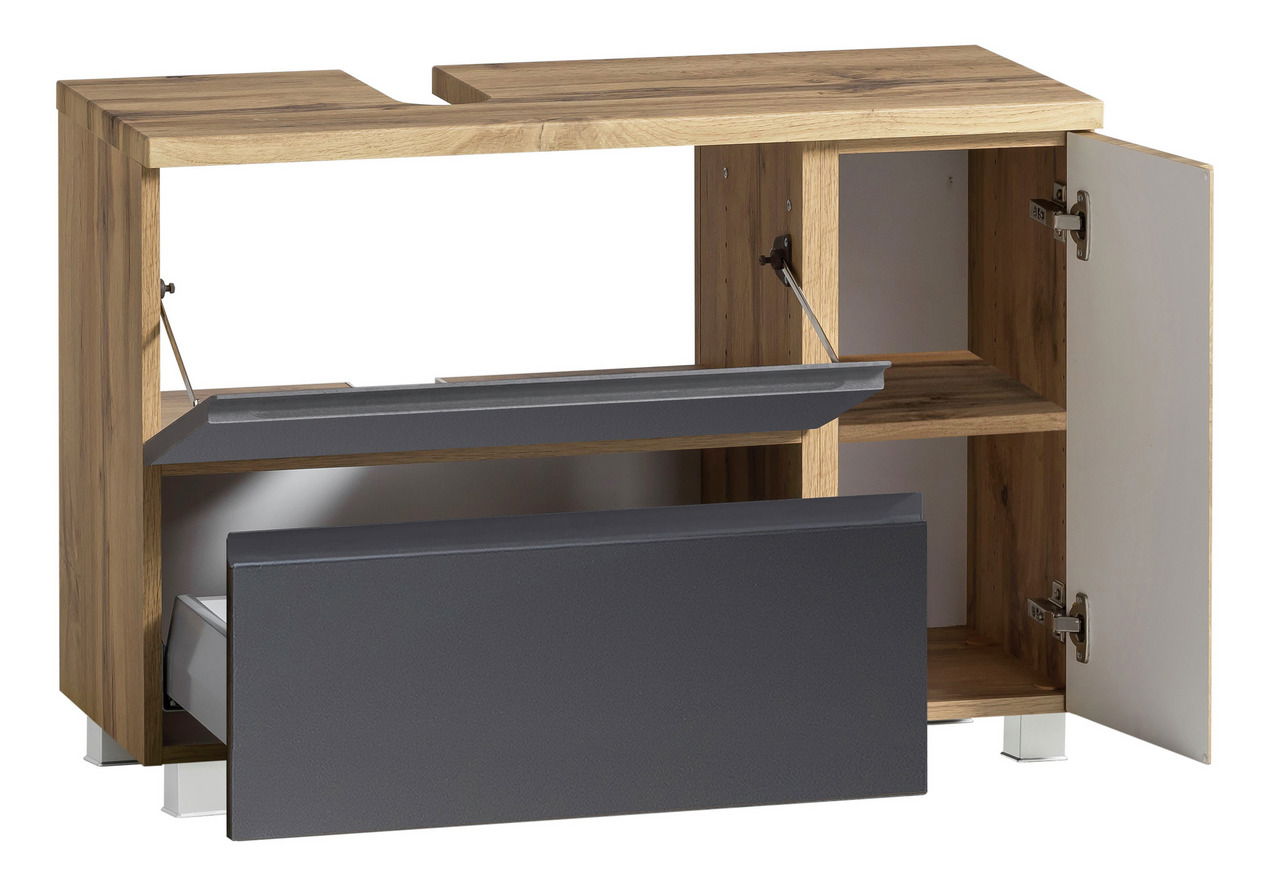 Waschbeckenunterschrank in Holzoptik mit grauen Fronten, geöffnete Türen und Schubladen, seitliche Perspektive