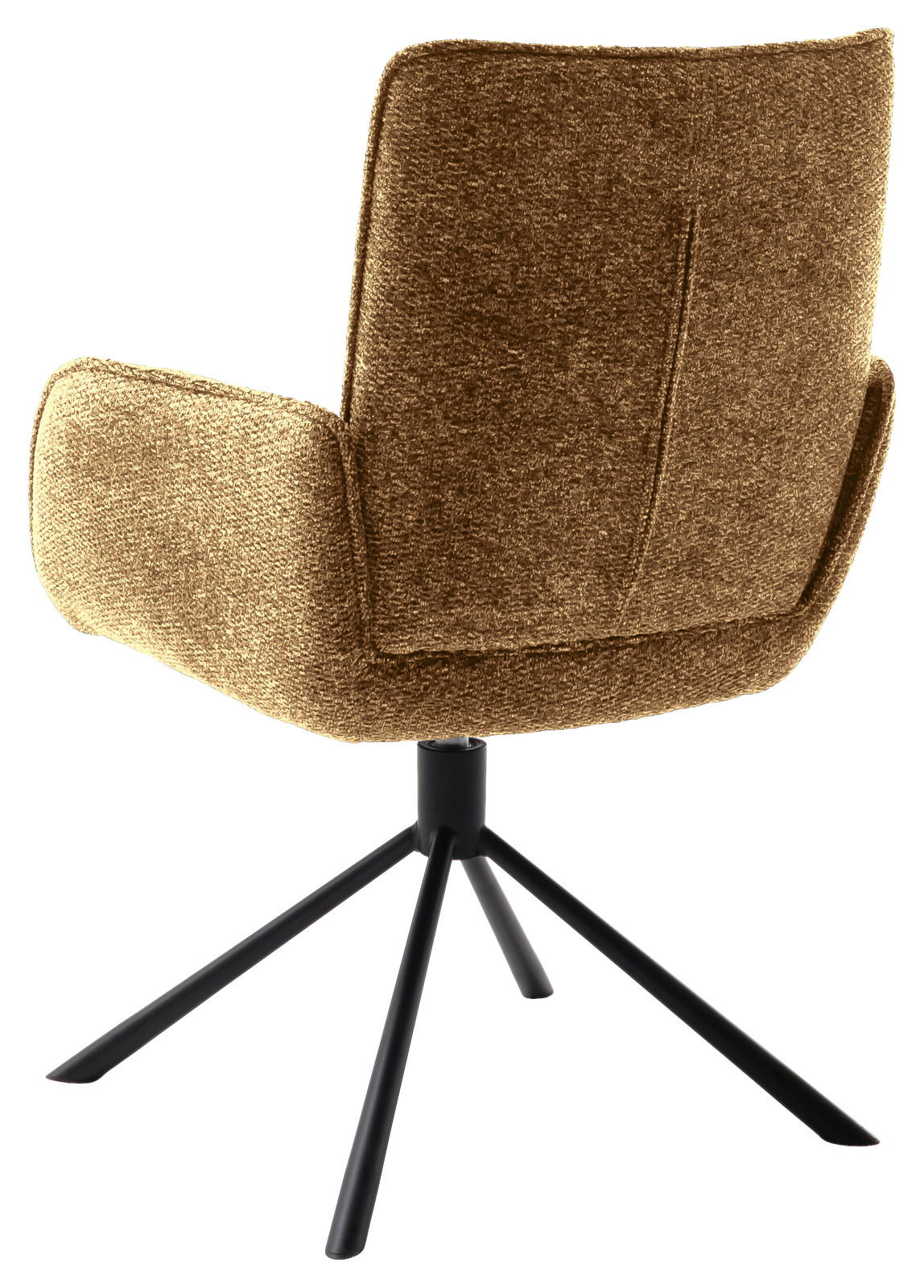 Rückansicht eines braunen Armlehnstuhls mit schwarzem Metallgestell