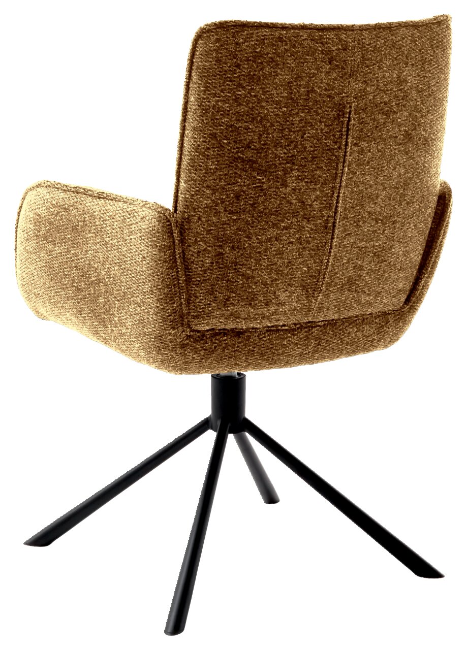 Rückansicht eines braunen Armlehnstuhls mit schwarzem Metallgestell