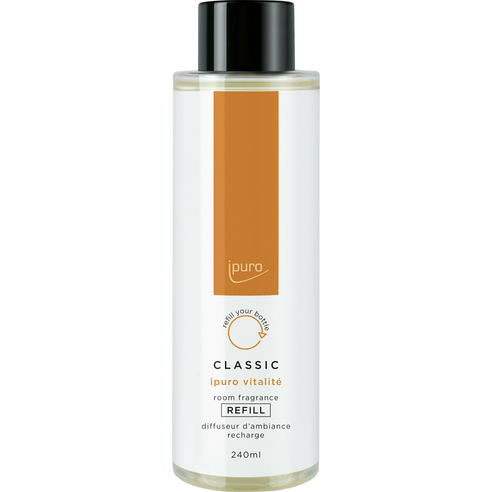 Flasche mit schwarzem Deckel, gefüllt mit 240ml Classic ipuro vitalité Raumduft-Nachfüllung, frontal fotografiert.