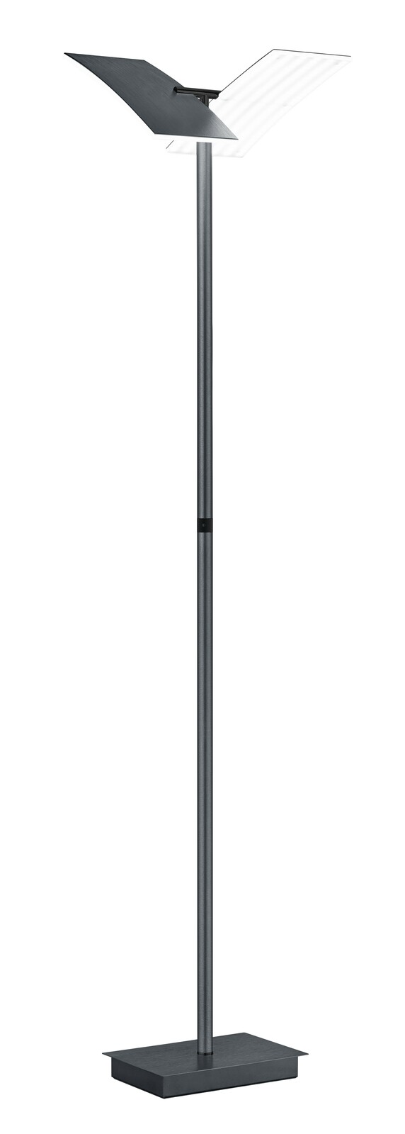 Moderne Stehleuchte ANDY mit schwarzem Standfuß und zwei schwenkbaren Leuchtflächen, seitliche Perspektive.