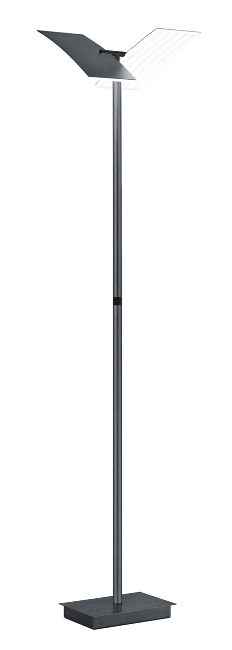 Moderne Stehleuchte ANDY mit schwarzem Standfuß und zwei schwenkbaren Leuchtflächen, seitliche Perspektive.