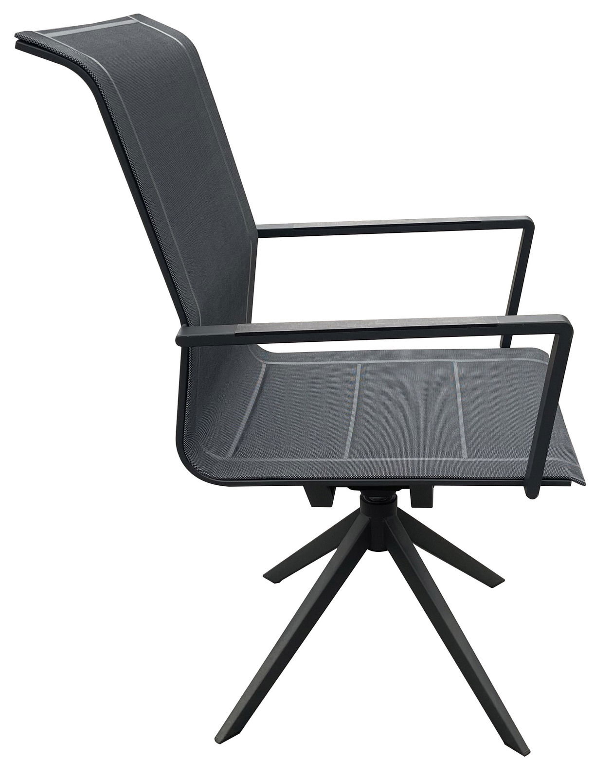 Moderner Gartensessel aus Metall mit Stoffbespannung, seitliche Ansicht