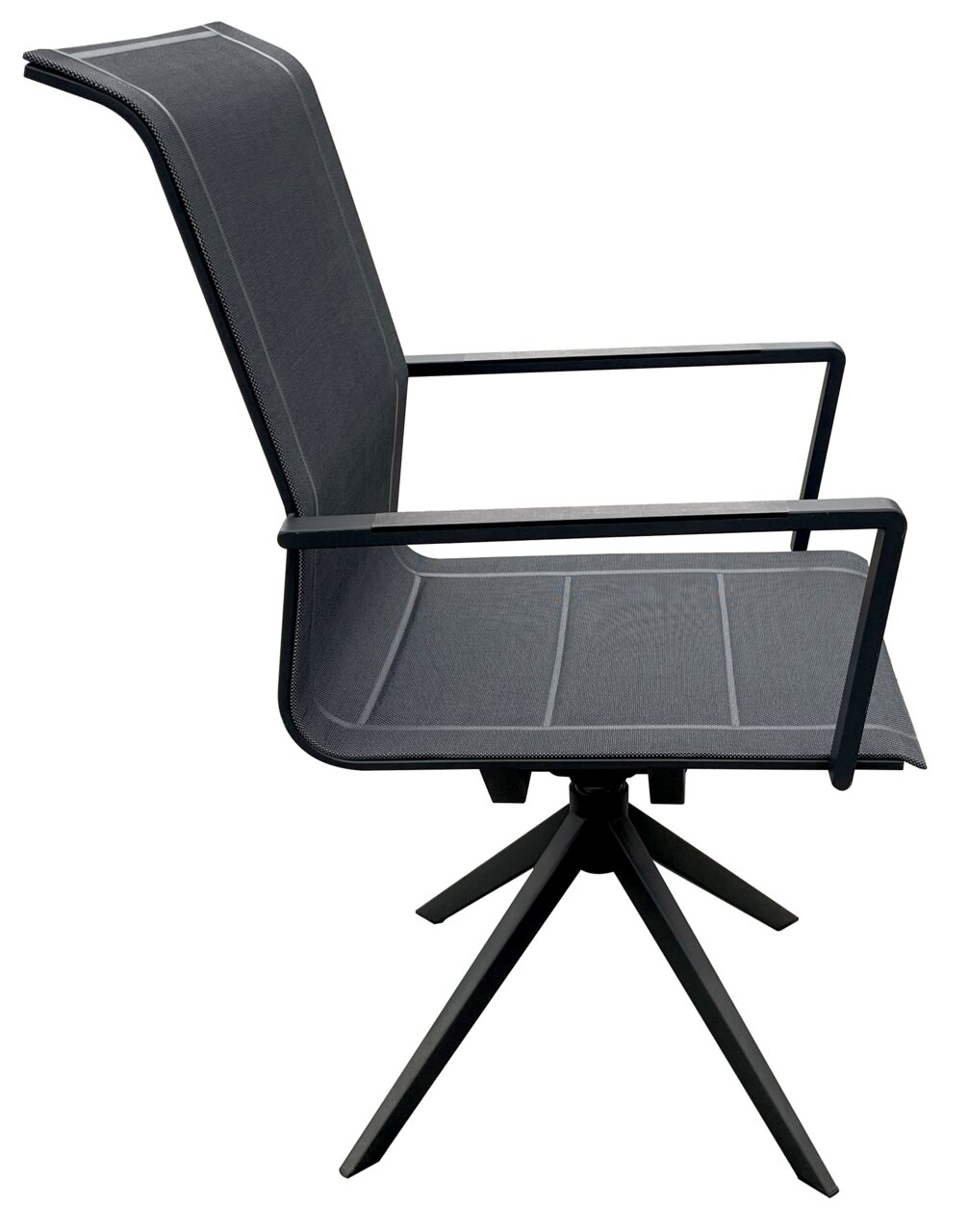 Moderner Gartensessel aus Metall mit Stoffbespannung, seitliche Ansicht