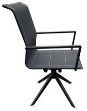 Moderner Gartensessel aus Metall mit Stoffbespannung, seitliche Ansicht