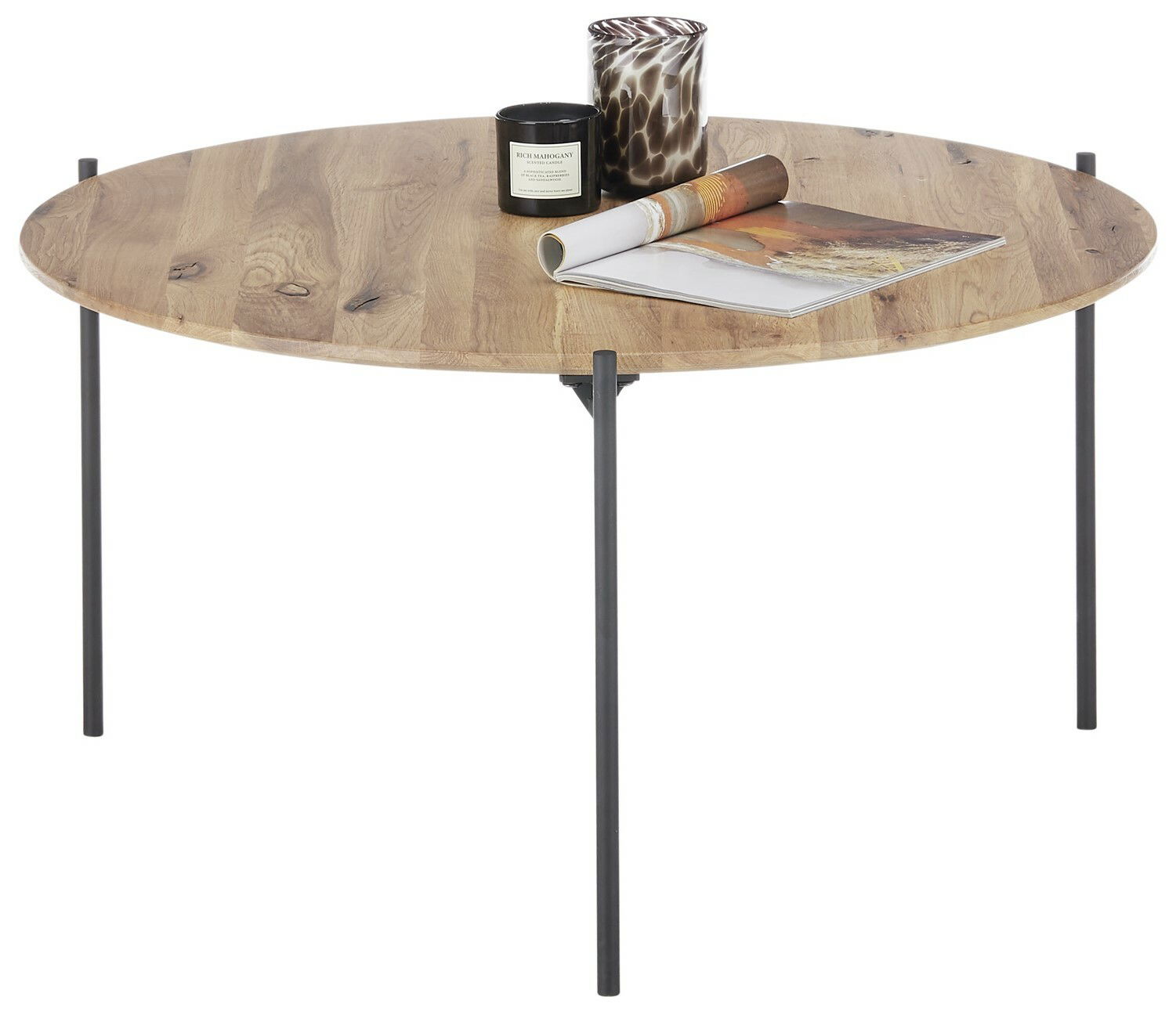 Runder Couchtisch mit Holzplatte und schlanken Metallbeinen, seitliche Perspektive