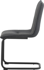 Seitenansicht eines modernen Freischwinger-Stuhls mit dunkelgrauem Stoffbezug und schwarzem Metallgestell auf weißem Hintergrund