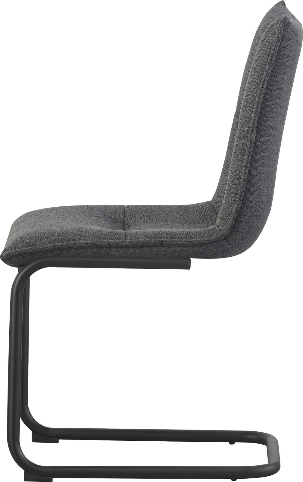 Seitenansicht eines modernen Freischwinger-Stuhls mit dunkelgrauem Stoffbezug und schwarzem Metallgestell auf weißem Hintergrund