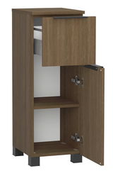 Unterschrank aus Holz mit geöffneter Schublade und Tür, seitliche Perspektive