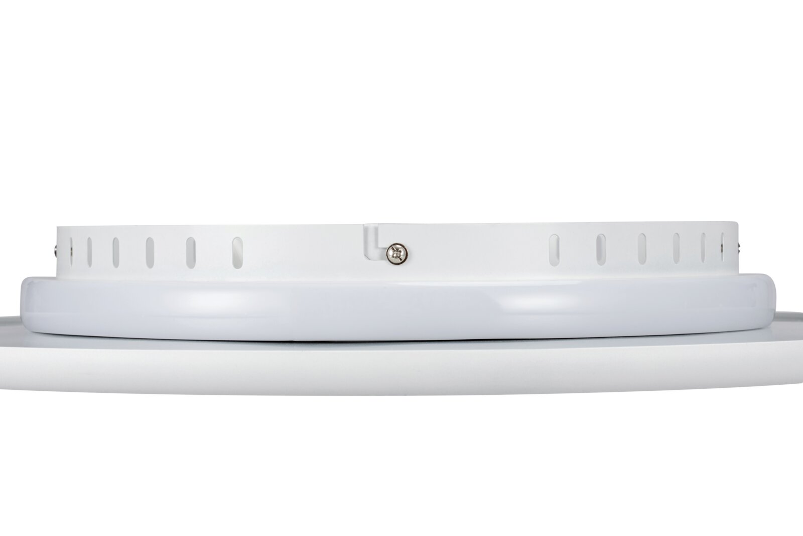 Witte ronde led-plafondlamp met opale kap en ventilatiesleuven in de behuizing, zijaanzicht op een witte achtergrond