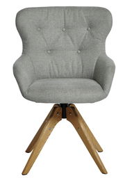 Grauer Polsterstuhl mit Holzbeinen, Frontalansicht