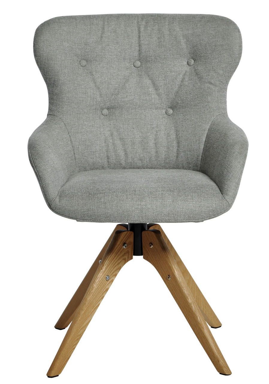 Grauer Polsterstuhl mit Holzbeinen, Frontalansicht