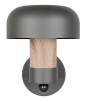 Frontale Ansicht einer modernen LED-Außenwandleuchte mit grauem Schirm und Holzoptik.