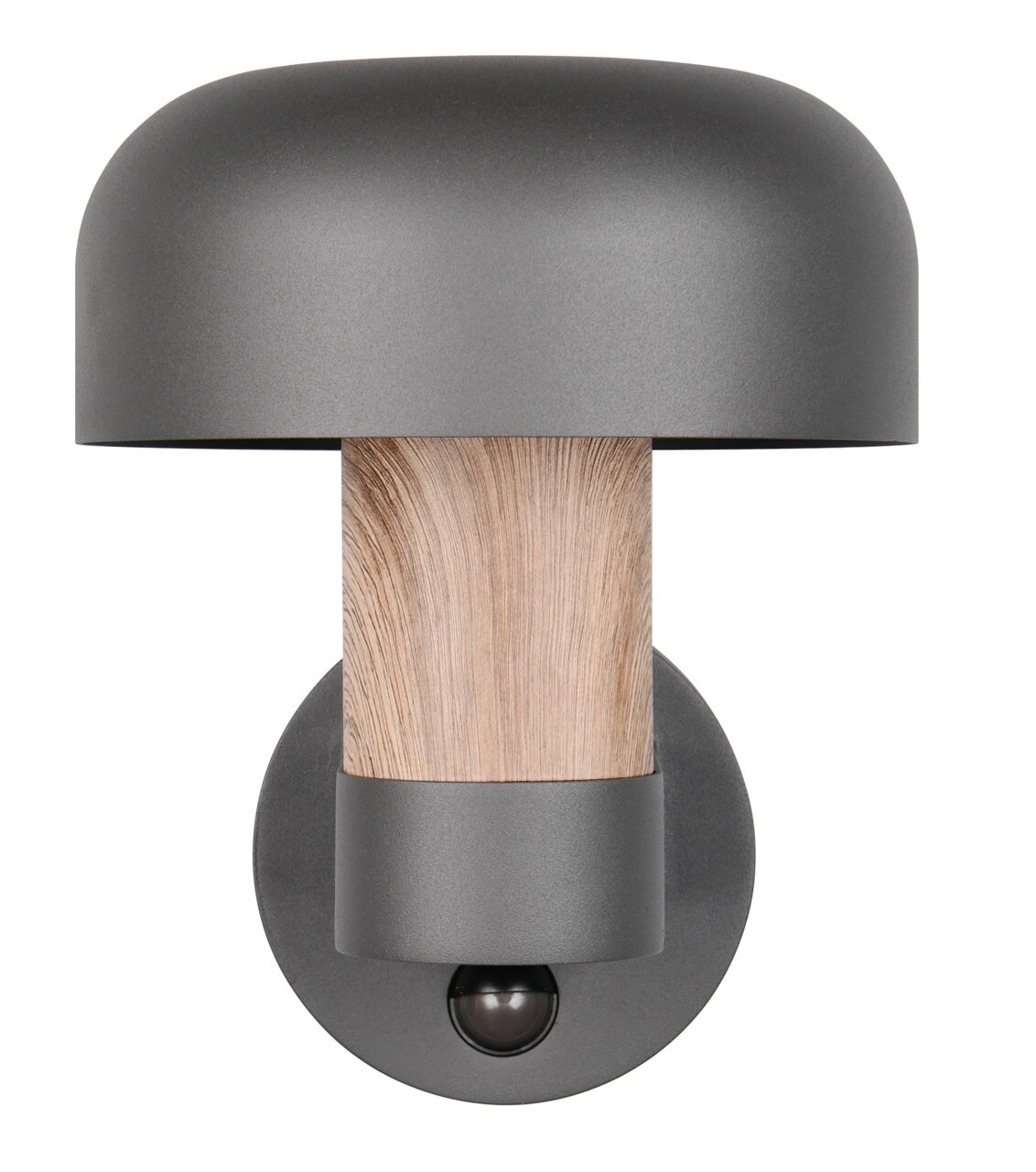 Frontale Ansicht einer modernen LED-Außenwandleuchte mit grauem Schirm und Holzoptik.