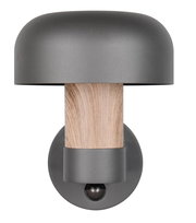 Frontale Ansicht einer modernen LED-Außenwandleuchte mit grauem Schirm und Holzoptik.