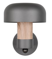 Frontale Ansicht einer modernen LED-Außenwandleuchte mit grauem Schirm und Holzoptik.