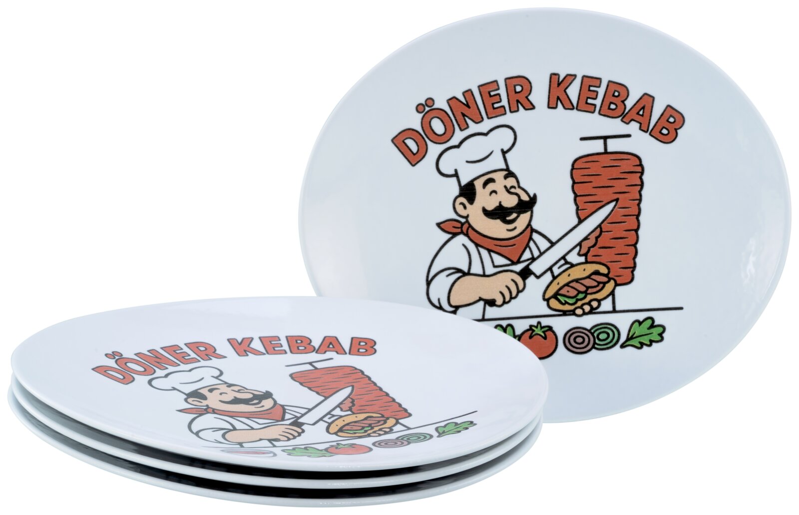 Creatable Kebabteller 4-tlg GOURMET Weiße Teller mit „DÖNER KEBAB“-Aufdruck und Cartoon-Koch am Drehspieß, schräg von vorne in leichter Aufsicht fotografiert