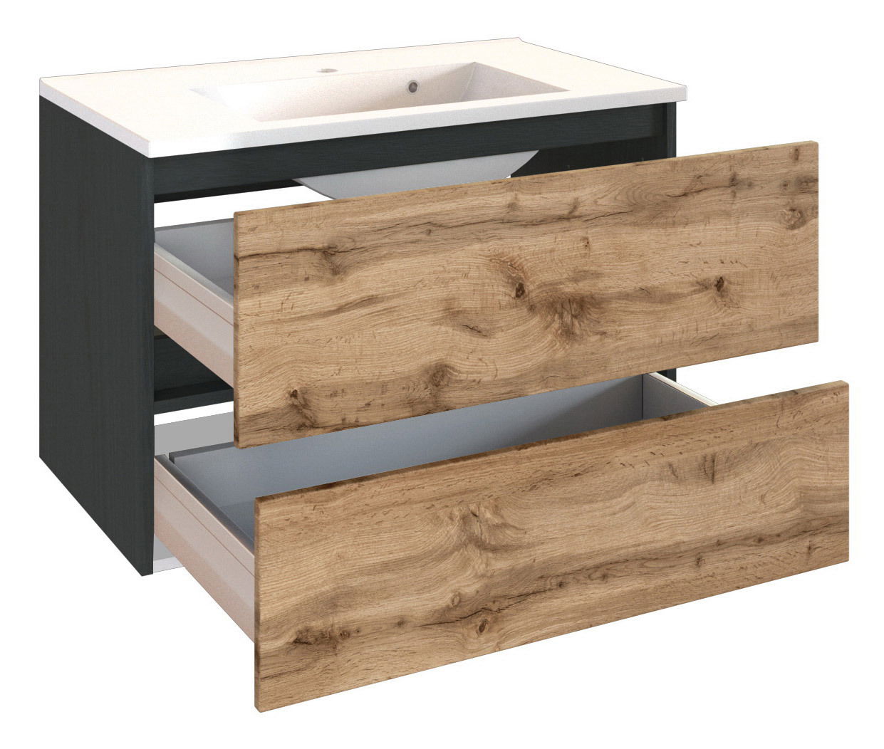 XORA Waschplatz LUCCA Waschplatz mit zwei offenen Schubladen in Holzoptik, seitliche Perspektive