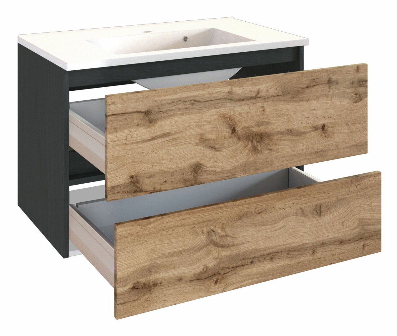 XORA Waschplatz LUCCA Waschplatz mit zwei offenen Schubladen in Holzoptik, seitliche Perspektive