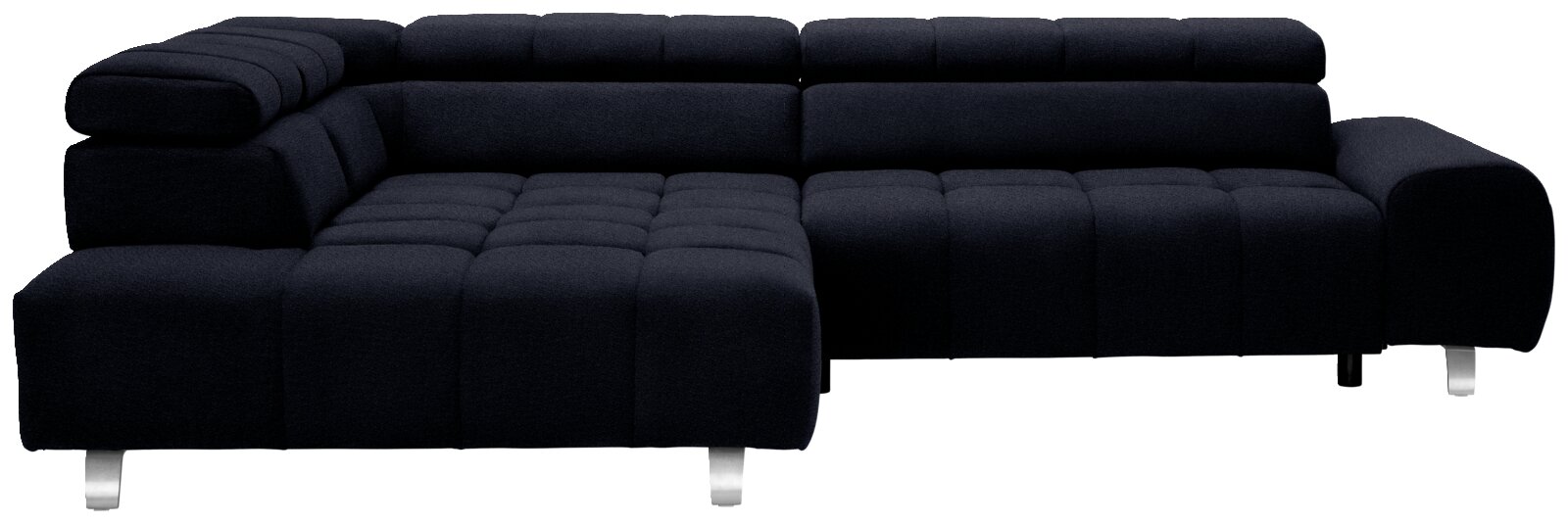 Zwarte hoekbank met poef aan de linkerkant, moderne bekleding, vooraanzicht