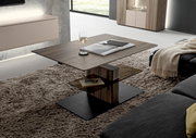 Moderner Couchtisch mit Holz- und Glaselementen, seitliche Perspektive, auf einem Teppich in einem stilvollen Wohnzimmer platziert.