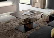 Moderner Couchtisch mit Holz- und Glaselementen, seitliche Perspektive, auf einem Teppich in einem stilvollen Wohnzimmer platziert.