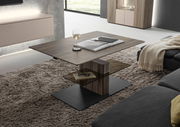 Moderner Couchtisch mit Holz- und Glaselementen, seitliche Perspektive, auf einem Teppich in einem stilvollen Wohnzimmer platziert.