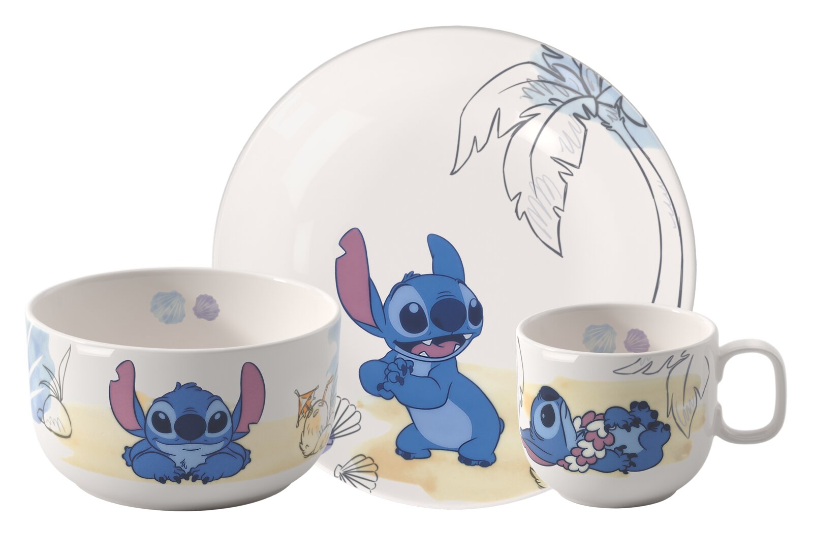 Villeroy & Boch Kindergeschirr Set 3tlg. DISNEY STITCH Disney Stitch Kinder-Geschirrset aus weißem Porzellan mit Teller, Schüssel und Tasse, bedruckt mit Stitch und tropischen Motiven, frontal in leicht schräger Perspektive fotografiert