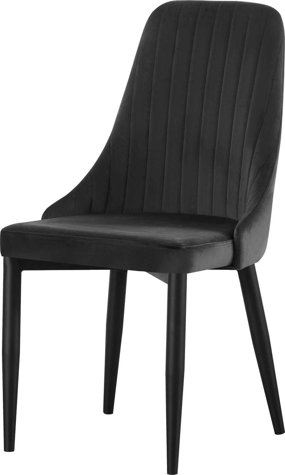 Gepolsterter Esszimmerstuhl in Dunkelgrau mit vertikaler Steppung, hoher Rückenlehne und schwarzen Beinen, schräg von vorne fotografiert