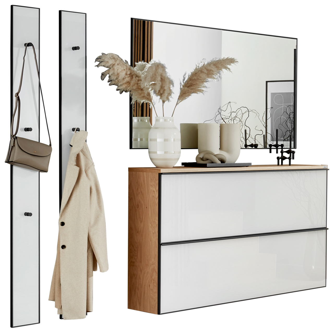 Dieter Knoll Garderobeset, 4-delig ATINA Modernes Garderoben-Set mit zwei schmalen Wandpaneelen in Weiß mit schwarzen Haken, dazu Schuhschrank/Kommode mit weißer Front und Holzseiten sowie großem Wandspiegel; Ansicht schräg von vorn (3/4-Perspektive).