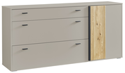 Modernes Sideboard in Beige mit drei Schubladen und einer Holztür, seitliche Perspektive